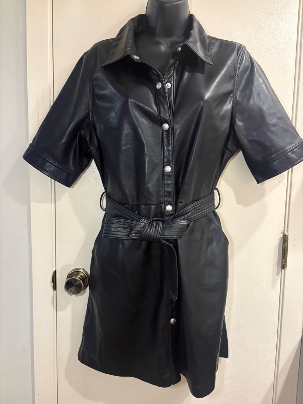 Blank NYC Faux Leather Dress Leather Belted Button-Up Dress, Size Large